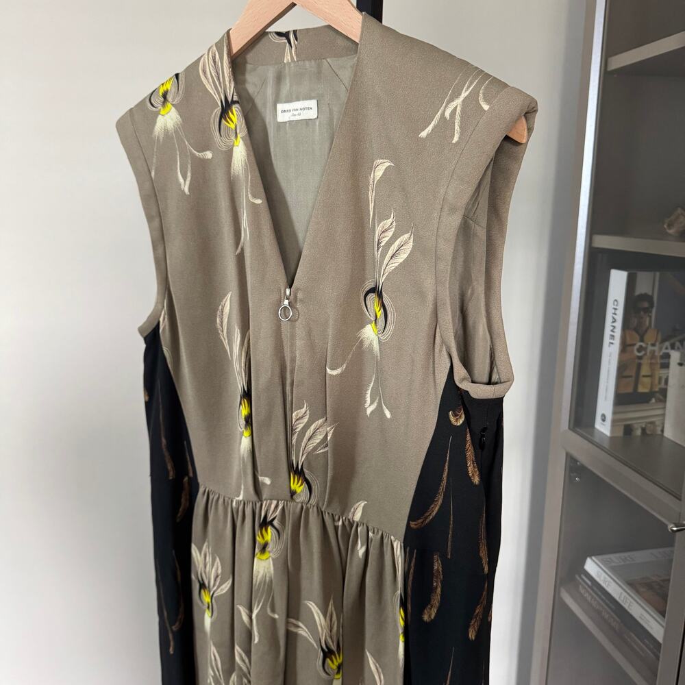 Dries Van Noten Midi Dress Large Feather Pleated Tan Black Yellow Sleeveless 42 - Picture 4 of 7